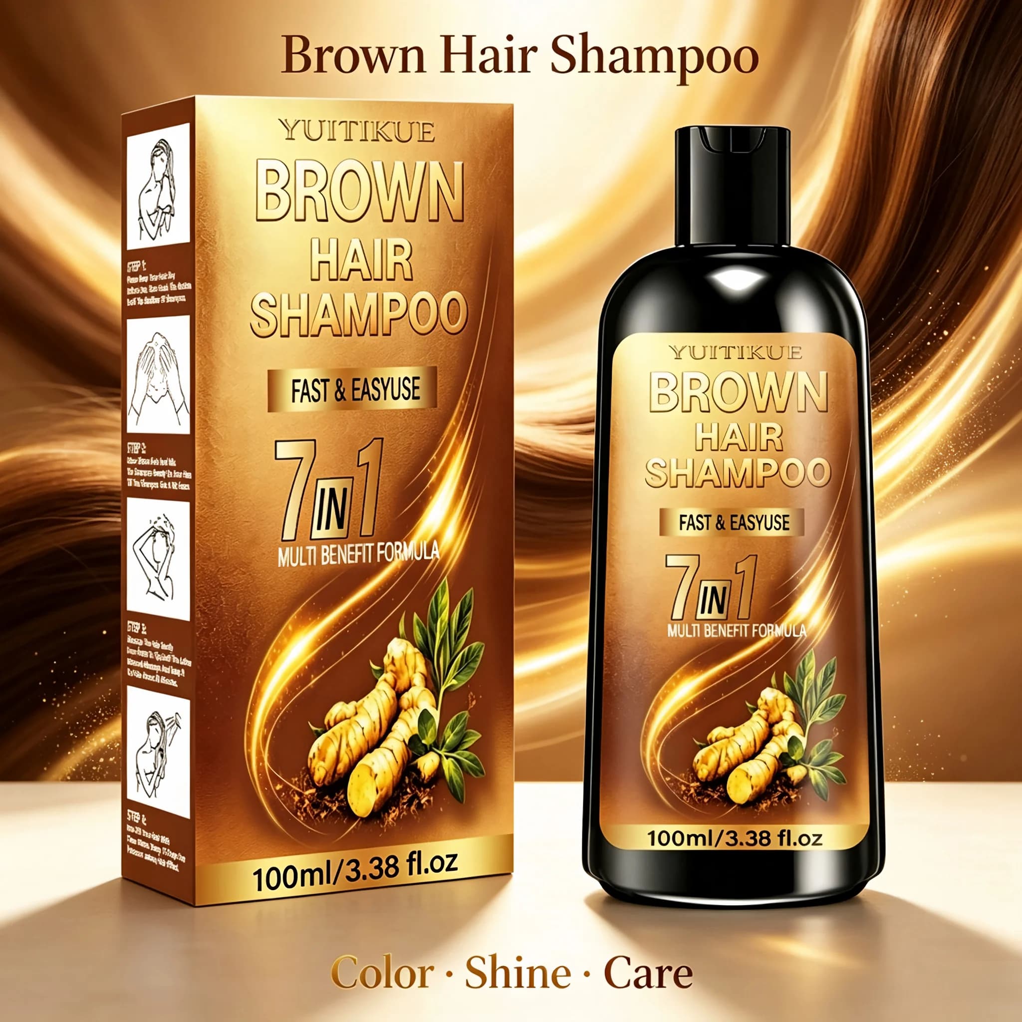 Shampoing Colorant 7 en 1 pour Cheveux Bruns, à Base de Gingembre et d'Herbes, Nourrissant pour le C