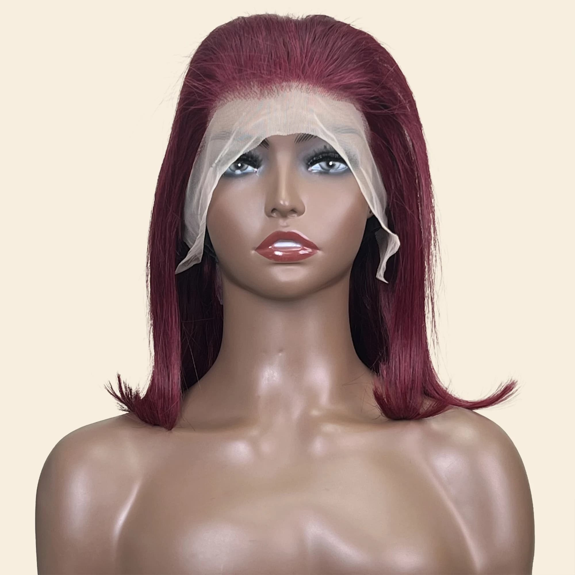 Perruque Bob Lace Front Wig Remy Naturelle Lisse, Cheveux Courts, Bordeaux 99J, 13x4, Pre-Plucked, D