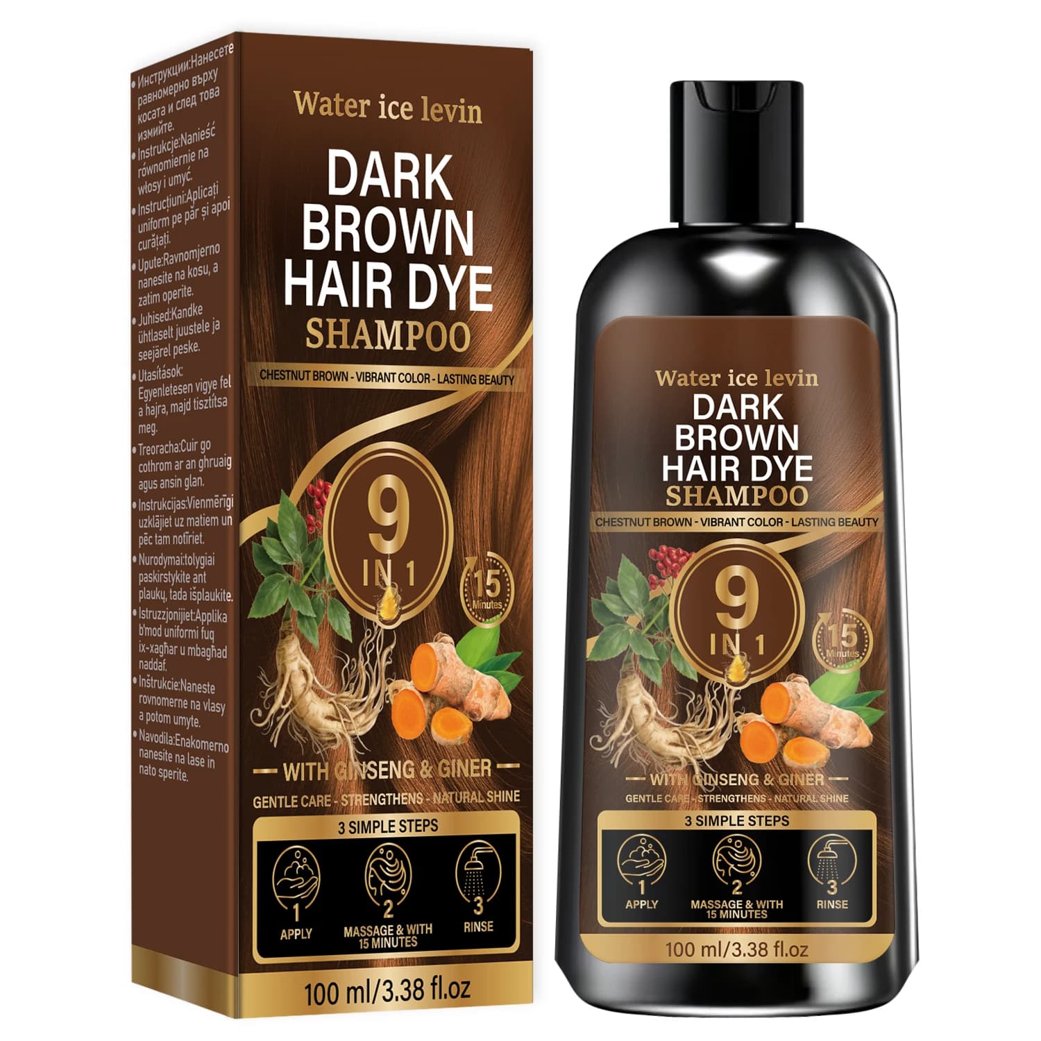 Shampoing unisexe 9-en-1 brun foncé pour soins capillaires, formule à base de plantes, nourrit le cu