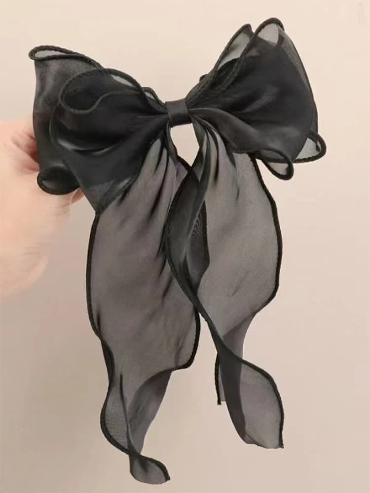 Pinces à cheveux en ruban flottant avec nœud en Organza noir pour femmes, coiffure française, grande