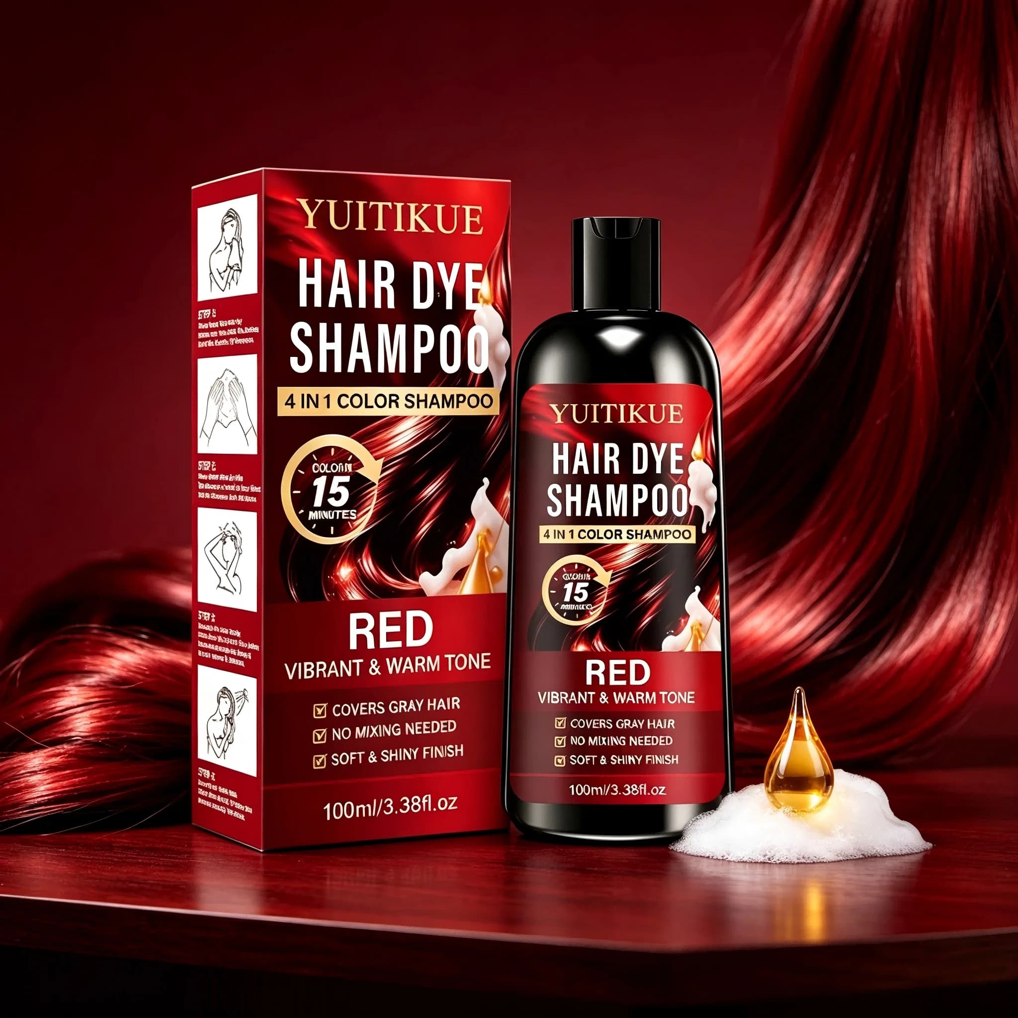 Shampoo colorant pour cheveux roux 100ml 4 en 1, couleur en 15 minutes, couvre les cheveux gris, san
