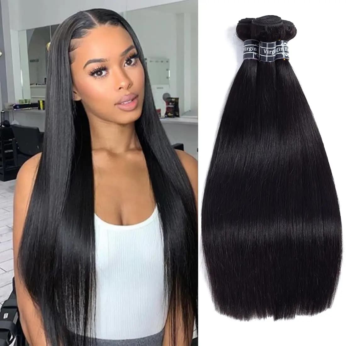 Extensions de cheveux humains lisses 12A, 28, 30, 32 pouces, cheveux bruts Remy noirs, 3 ou 4 paquet