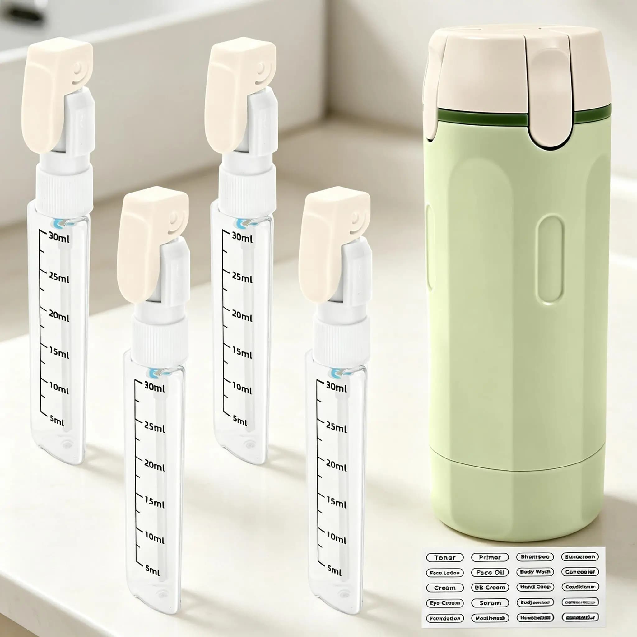 Bouteille distributrice d'émulsion 4 en 1, conteneur portable rechargeable et étanche avec étiquettes, bouteille distributrice de voyage pour shampoing