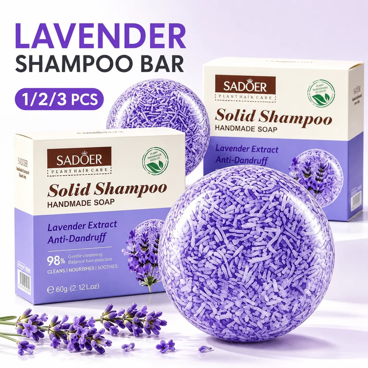 Shampooing Solide à la Lavande Anti-Pelliculaire et Contrôle du Sébum pour Cheveux Secs et Abîmés, Soin du Cuir Chevelu