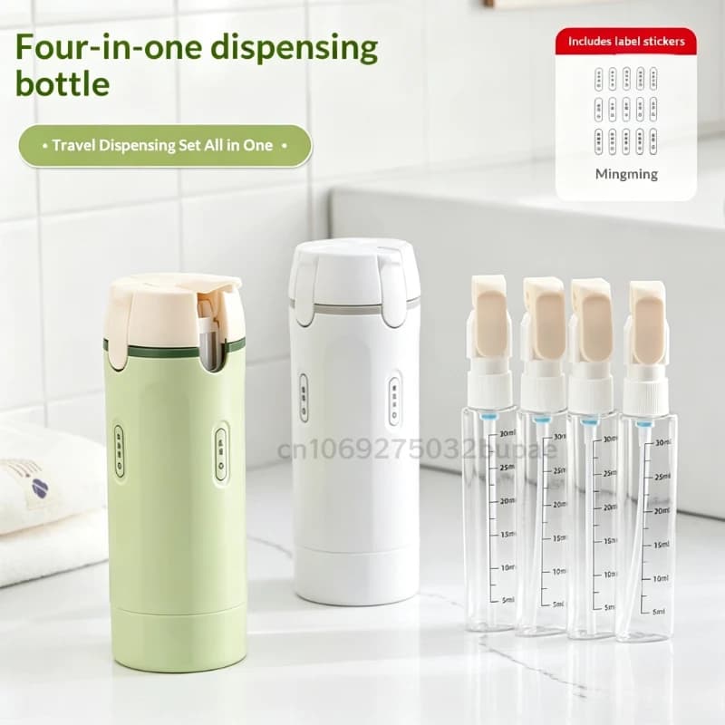Distributeur de voyage 4-en-1, flacon de shampoing rechargeable portable, adaptateur de voyage, flacon pulvérisateur rechargeable détachable, transparent et visible