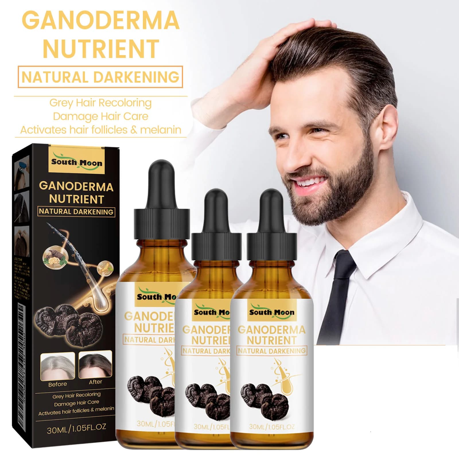 1/2/4 pièces noir Ganoderma Lucidum liquide pour cheveux réparateur de blanc à noir renforcer la racine des cheveux nourrir l'huile capillaire sérum de soin des cheveux