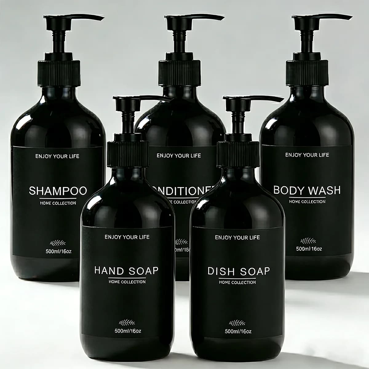 Ensemble de distributeurs de savon pour douche, noir brillant, rechargeables, pour shampoing, après-shampoing et gel douche, avec étiquettes imperméables, pour salle de bain