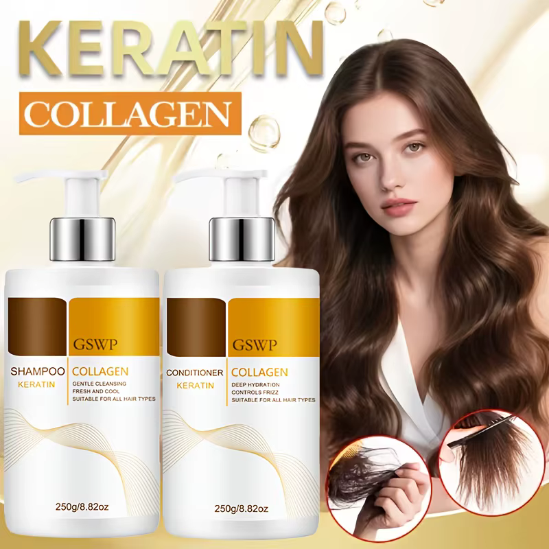 Shampooing et après-shampoing au collagène et à la kératine GSWP, format grand, contient de l'huile