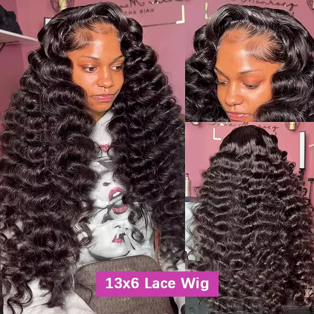 Perruques Lace Frontal en Cheveux Humains Vierges Brésiliens, Ondulées Profondes et Bouclées, Densit