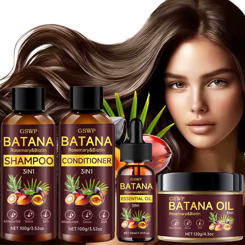 Ensemble de 4 produits GSWP à l'huile de Batana : shampoing, après-shampoing, crème capillaire et hu