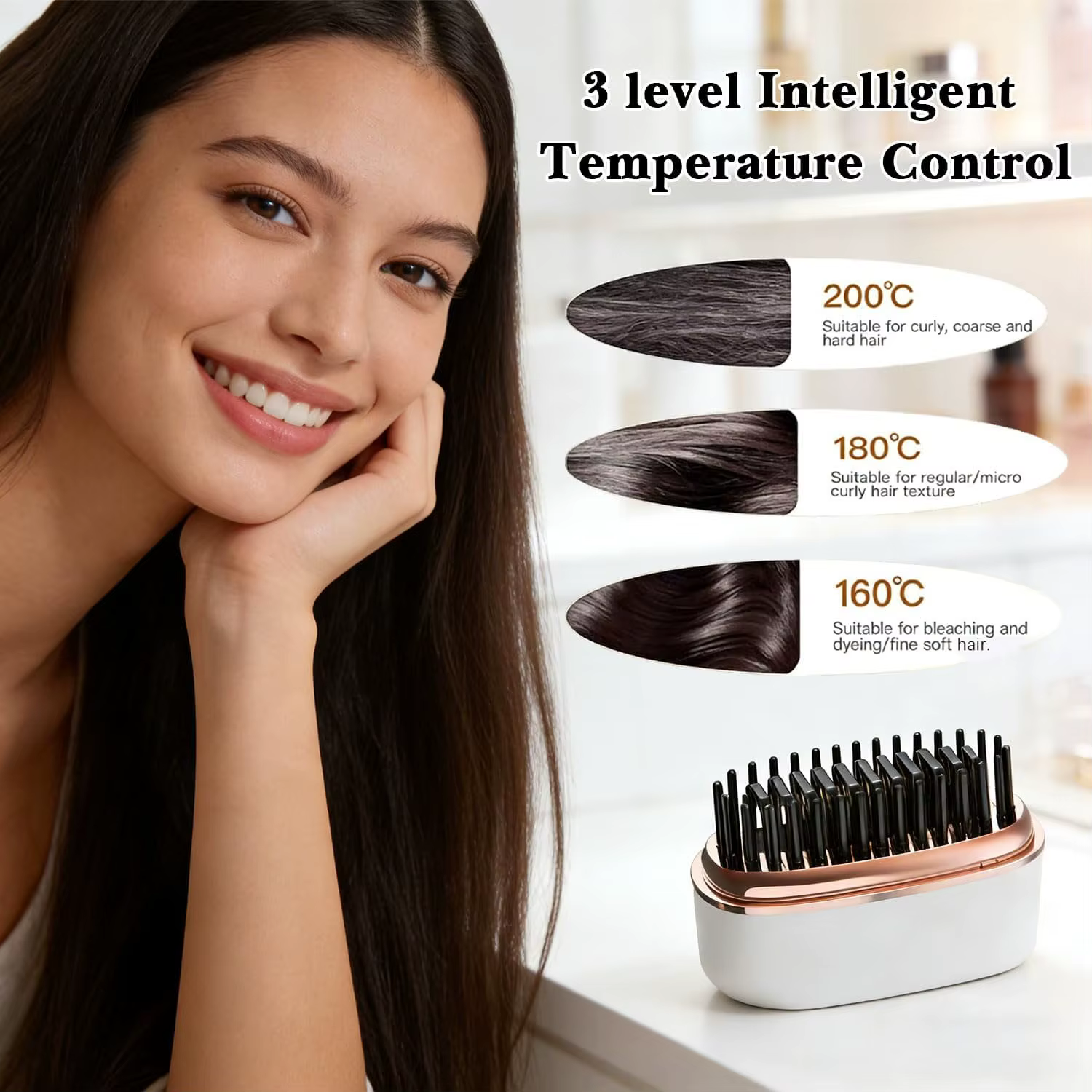 Mini brosse lissante sans fil rechargeable, peigne chauffant portable, chauffe rapide, 3 niveaux de