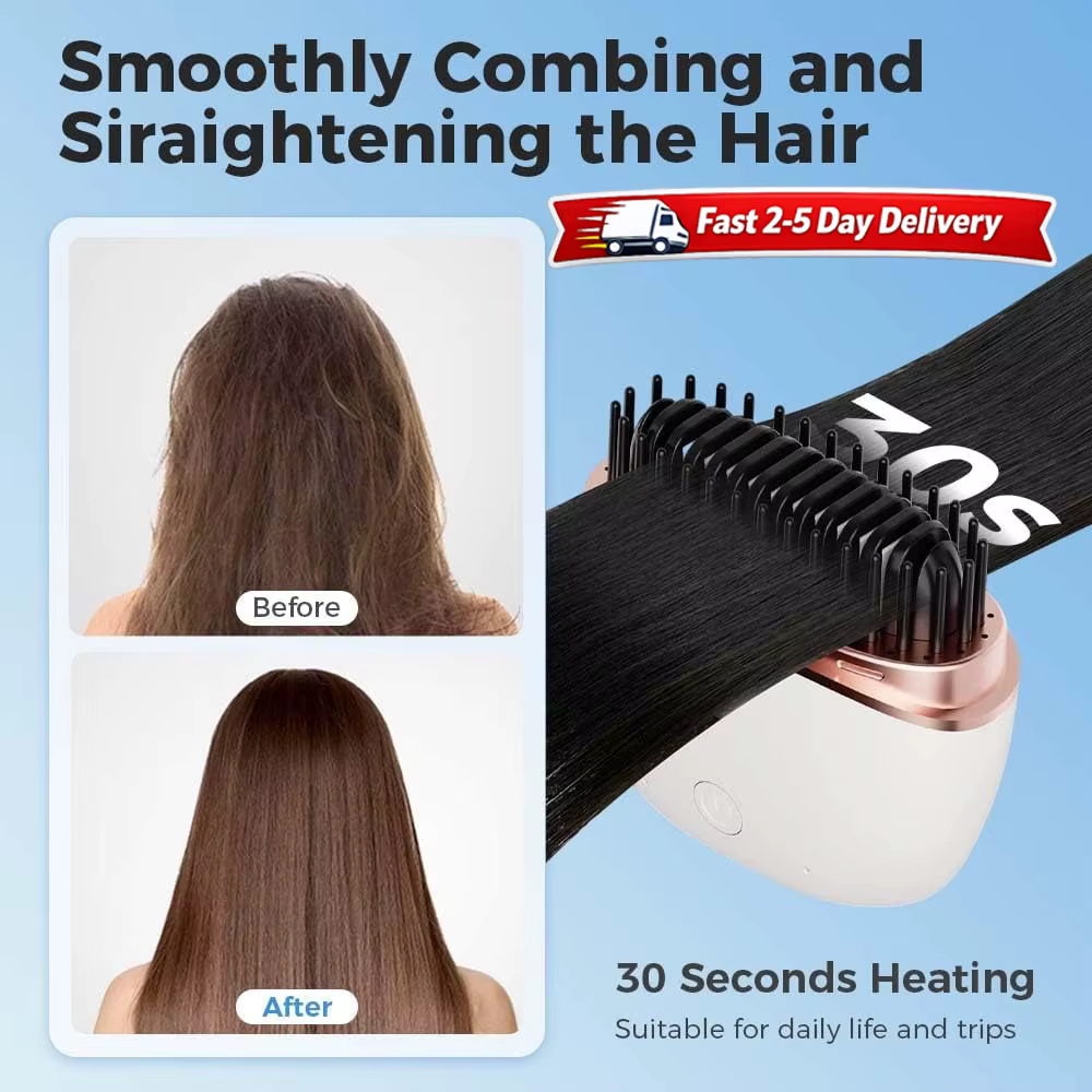 Mini brosse lissante sans fil rechargeable, peigne chauffant portable, chauffe rapide, 3 niveaux de