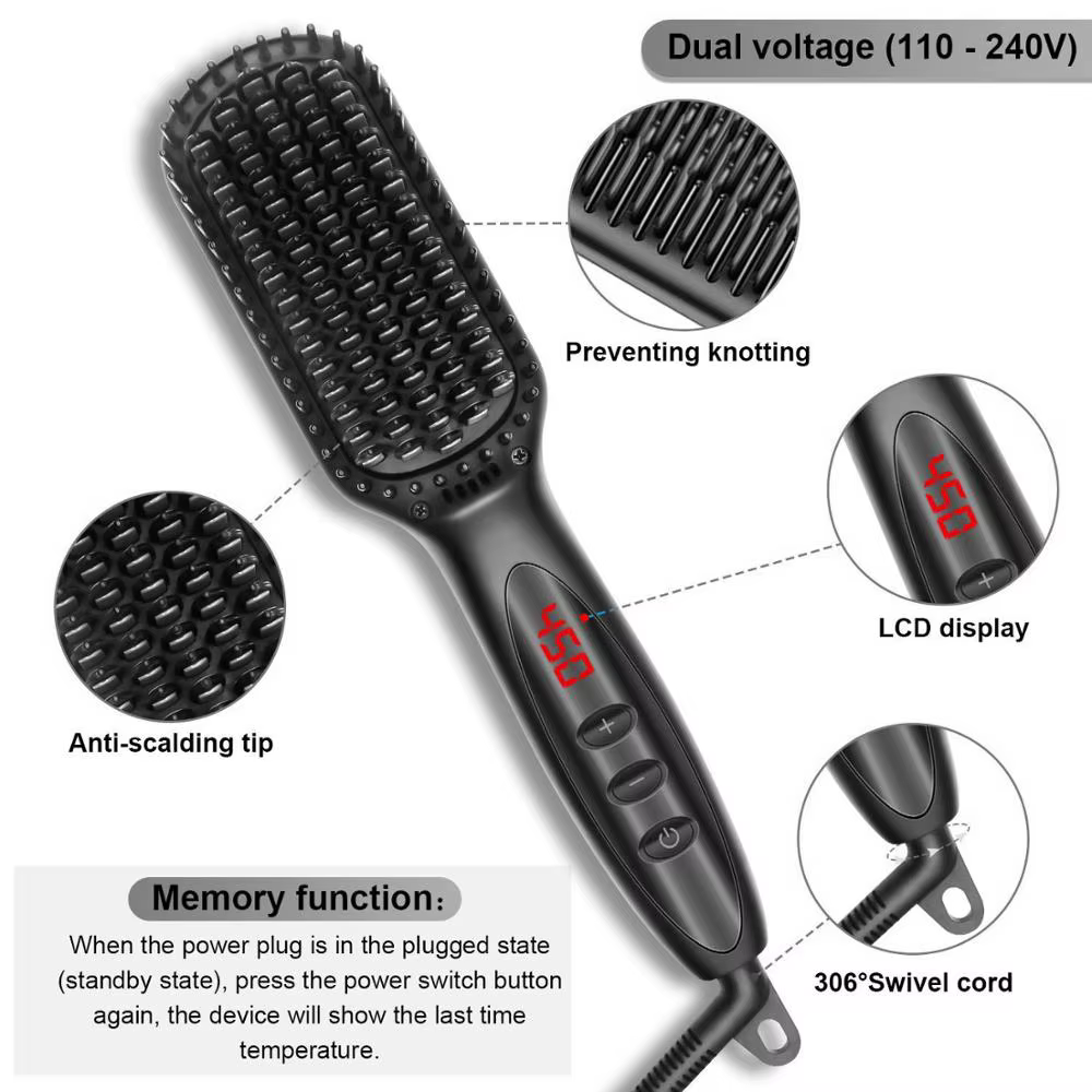 Brosse à cheveux en céramique, peigne chauffant, 230 ℃, Anti-brûlure, affichage Lcd, double tension,