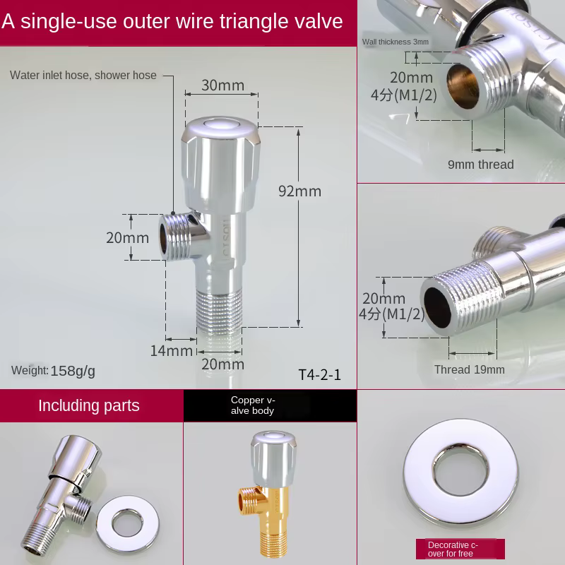 Robinet d'arrêt triangulaire 1/2 po pour eau chaude et froide, interrupteur pour chauffe-eau solaire