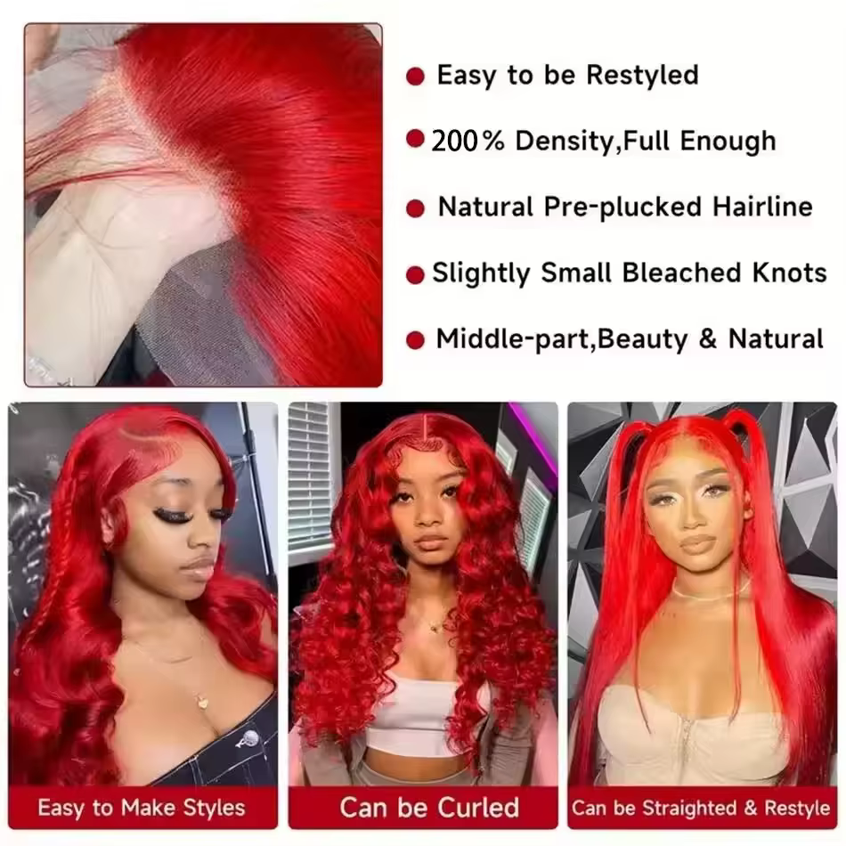 Perruque Lace Frontal Wig Body Wave brésilienne naturelle, cheveux humains Hd, couleur rouge vif, 13