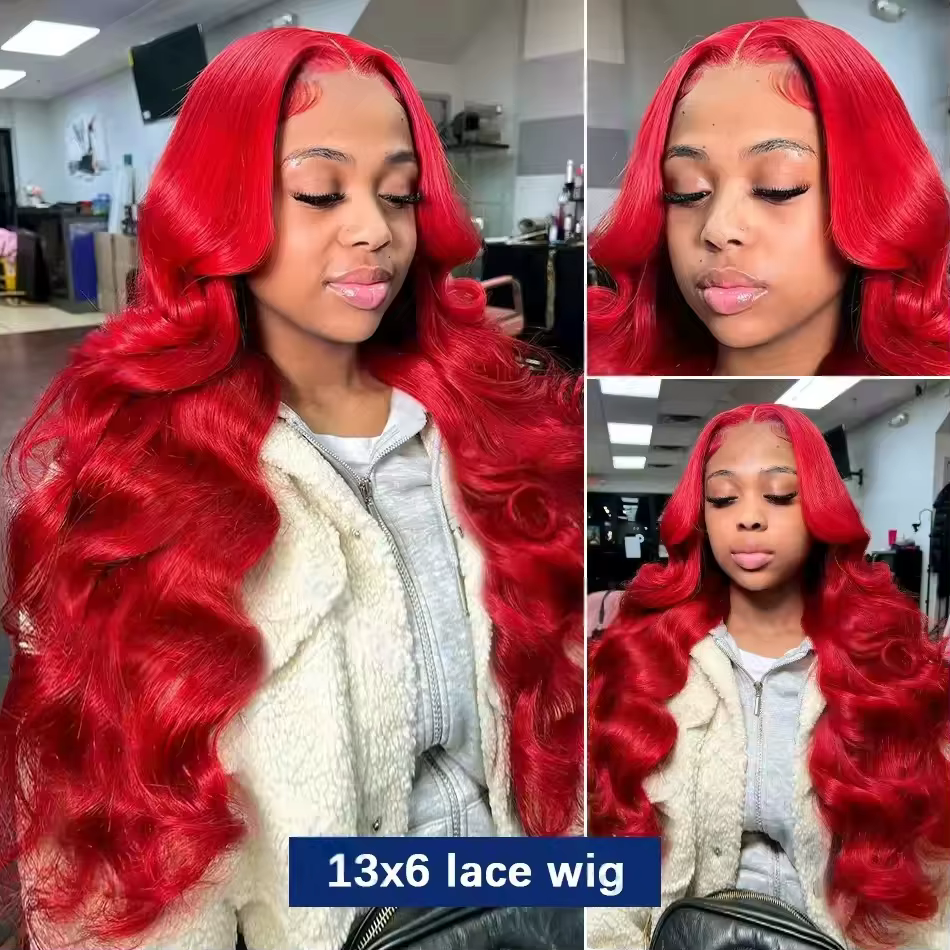 Perruque Lace Frontal Wig Body Wave brésilienne naturelle, cheveux humains Hd, couleur rouge vif, 13