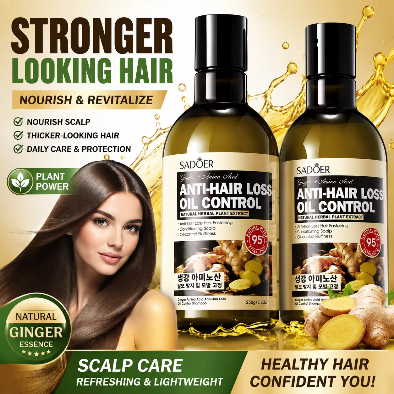 Shampoo à l'Extrait de Gingembre Soyeux et Doux, Formule Douce Lissante, Anti-Démangeaisons, Hydrata