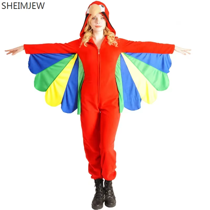 Costume de mascotte drôle d'oiseau perroquet pour femme adulte, déguisement de perroquet rouge pour