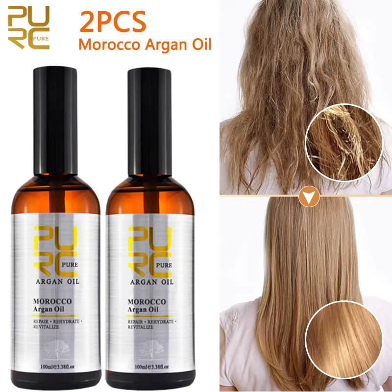 PURC-Huile d'argan marocaine pour cheveux abîmés, lissage, lissage, lissage, douceur, réparation de 