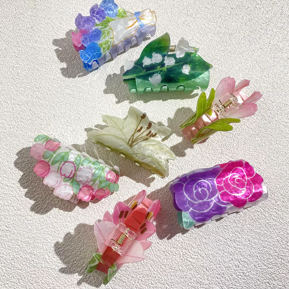 Pince à cheveux en acrylique Double face pour femmes, imprimé de fleurs, surdimensionnée, géométriqu