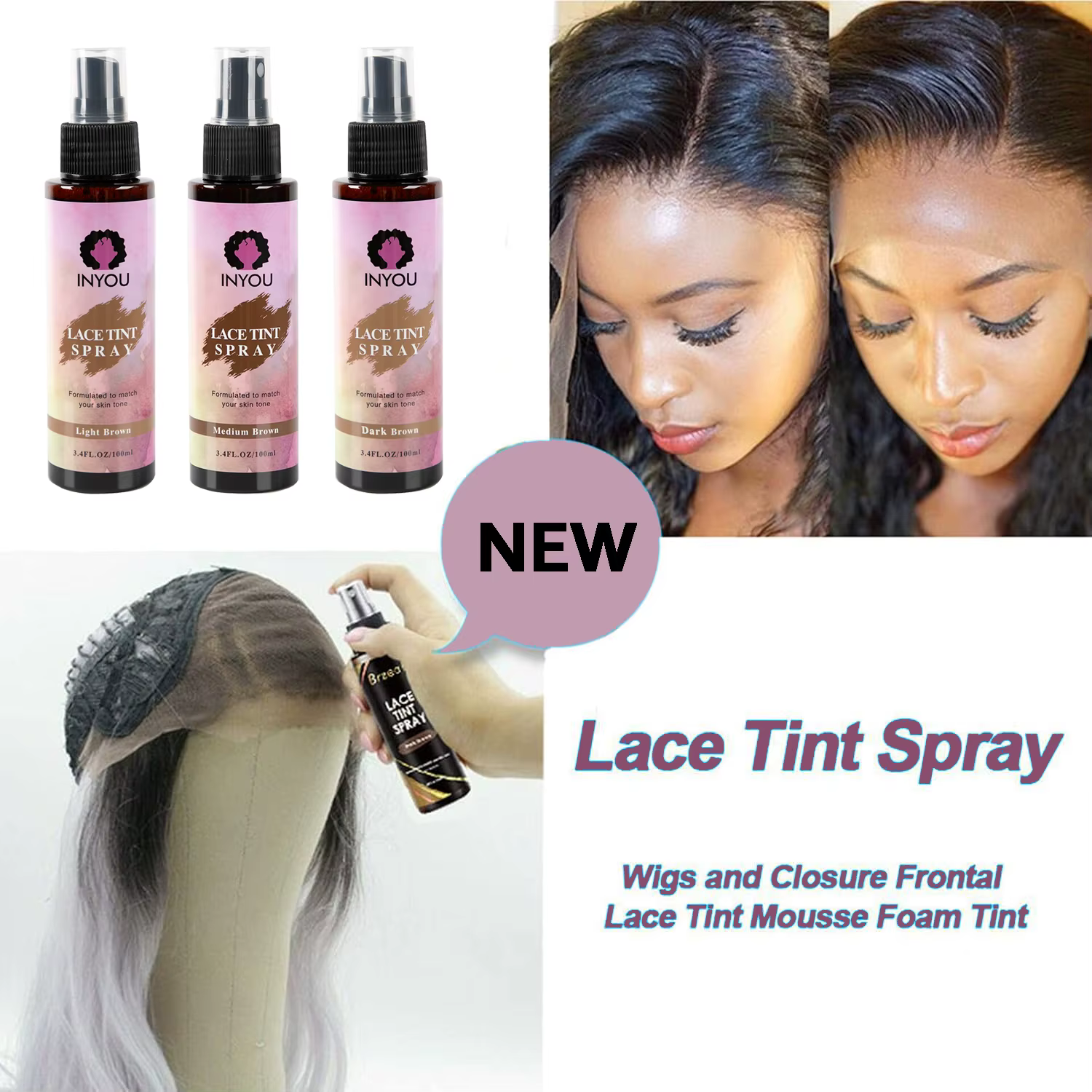 Spray de teinte pour perruque en dentelle - Brun foncé, brun moyen, brun clair, spray de teinte pour