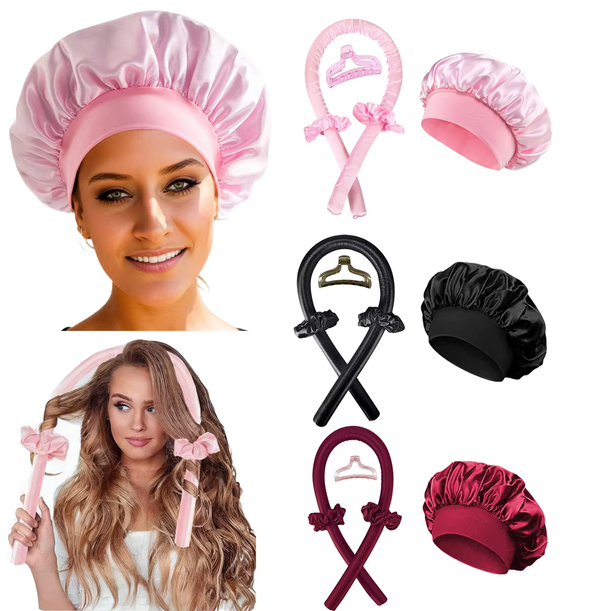 Tige à friser sans chaleur, bandeau en Satin, ensemble de bonnets sans chaleur, bigoudis, bigoudis d