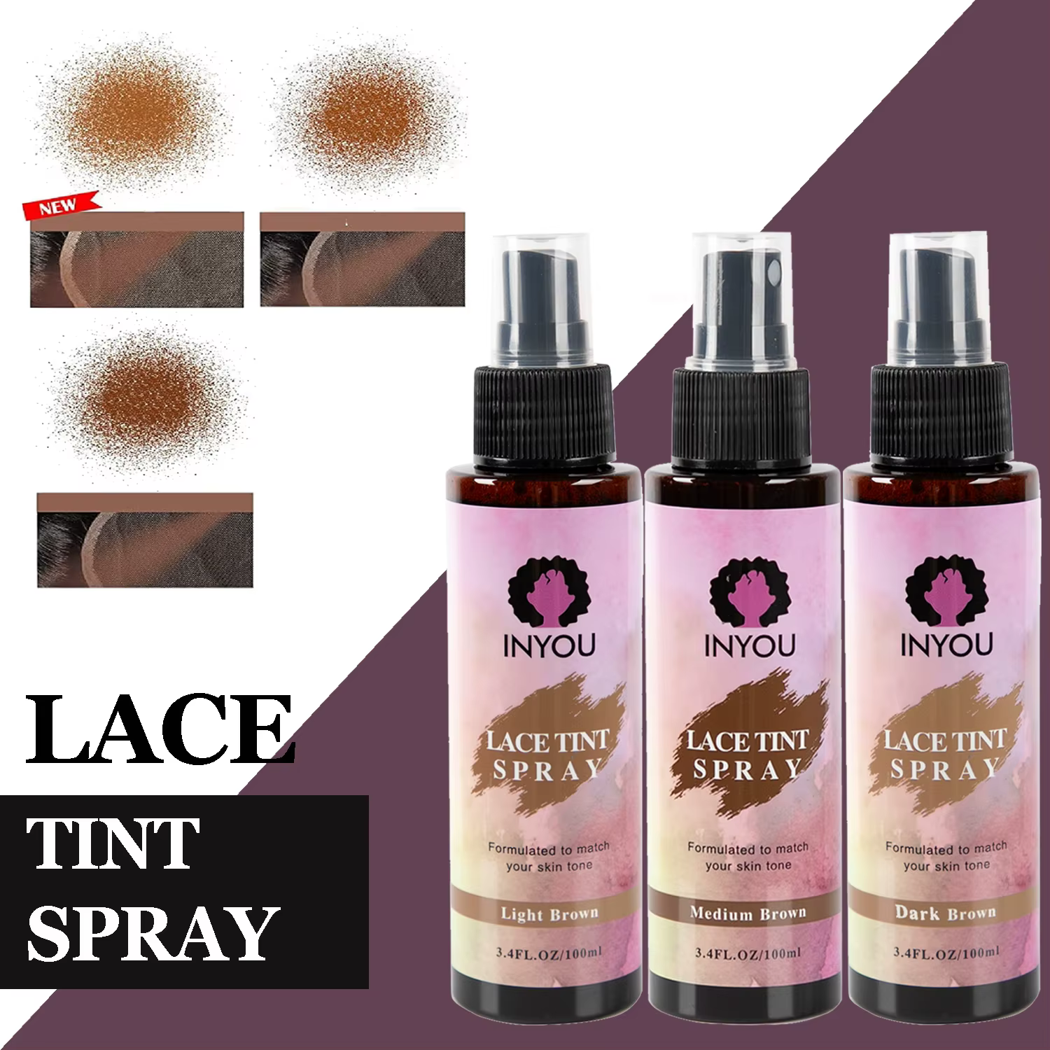 Spray de teinte pour perruque en dentelle - Brun foncé, brun moyen, brun clair, spray de teinte pour