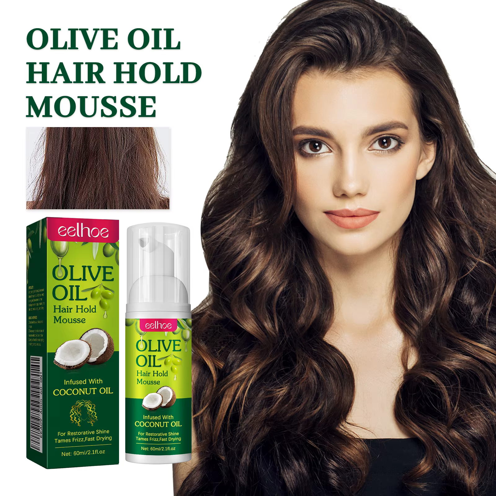 Mousse coiffante à l'huile d'olive, longue durée, évite les frisottis, les boucles, MainAF