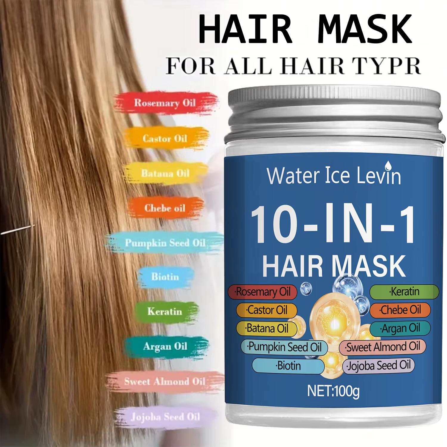 Masque capillaire 10 en 1 : huiles de romarin, Batana, Chebe, Argan, Citrouille, Amande, Jojoba pour