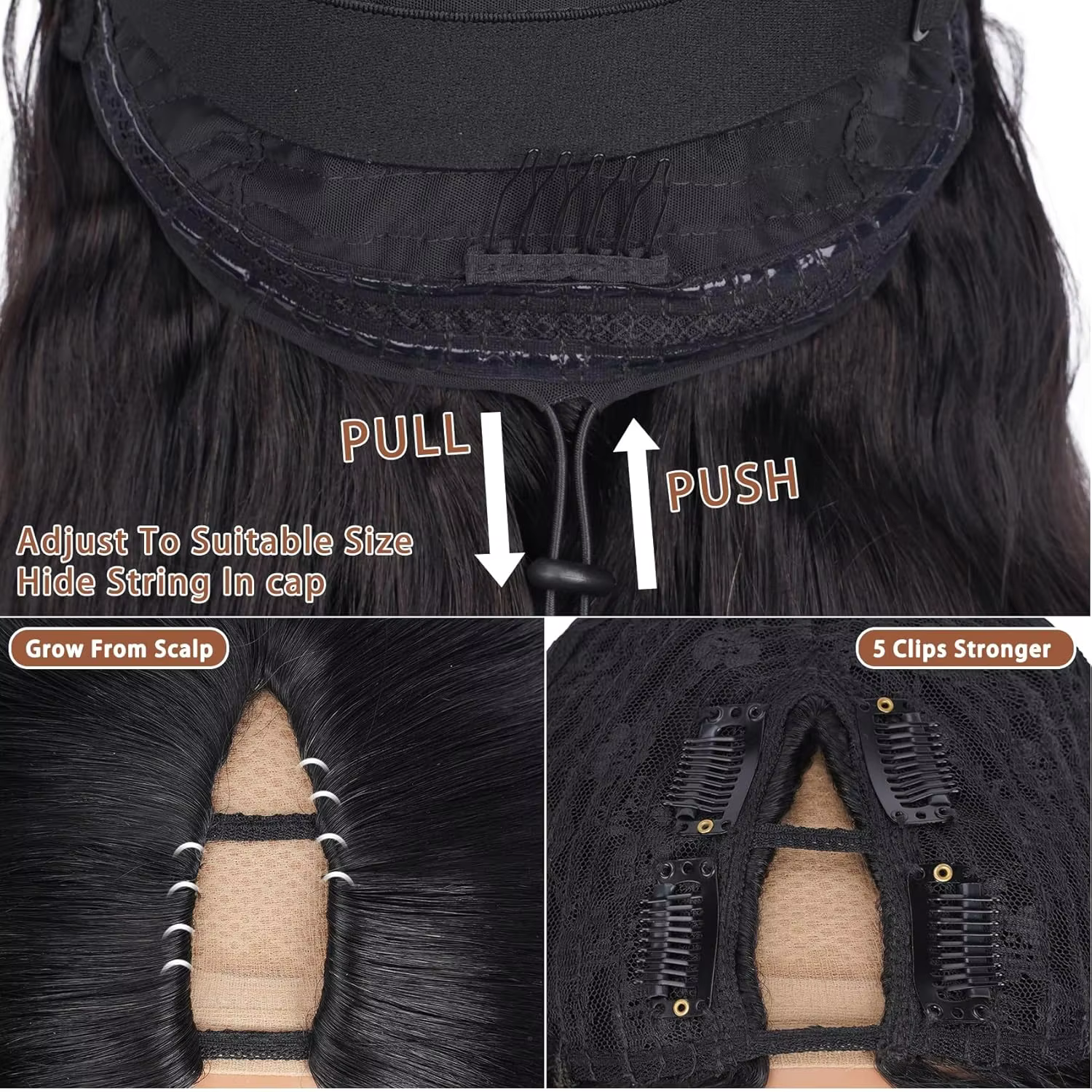 Perruque en cheveux humains à partie en V droite, améliorée, sans colle, demi-perruque à clipser ave