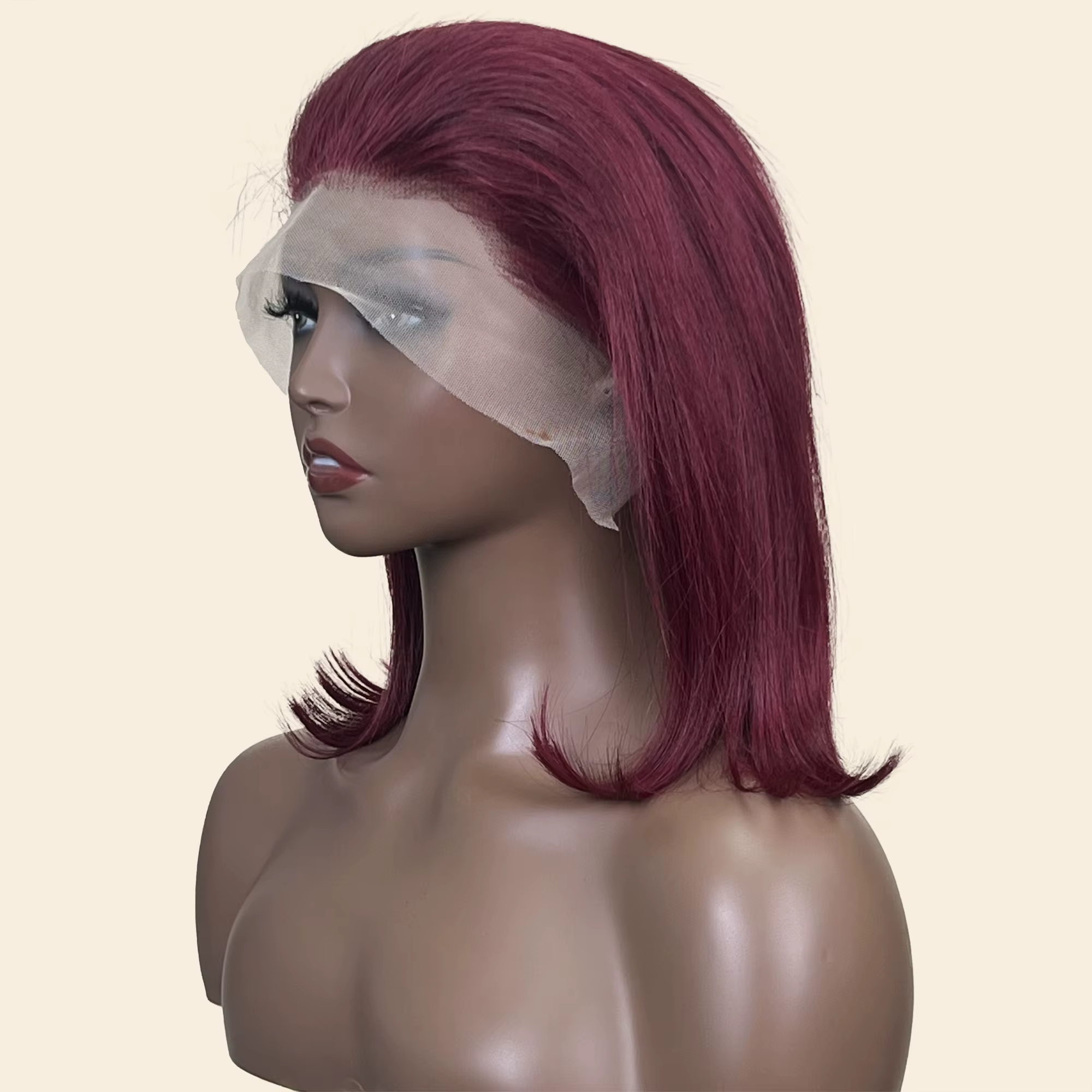 Perruque Bob Lace Front Wig Remy Naturelle Lisse, Cheveux Courts, Bordeaux 99J, 13x4, Pre-Plucked, D