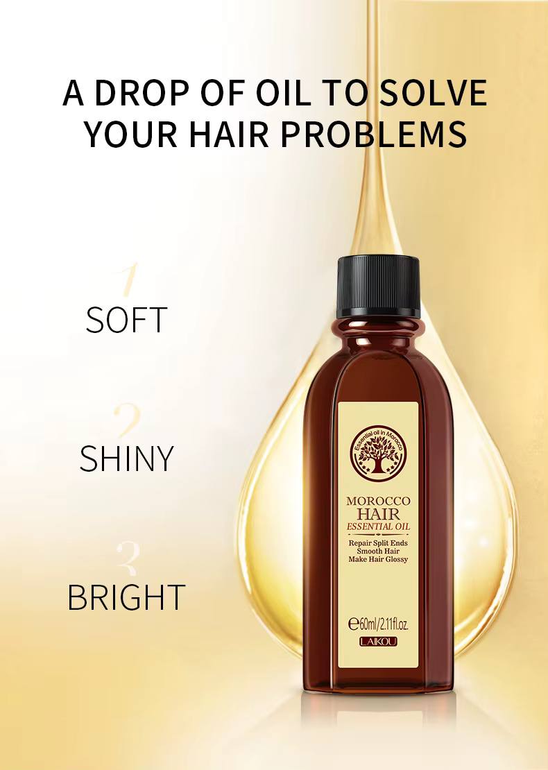 Huile essentielle capillaire Laikou Morocco 60ml, répare les cheveux abîmés, anti-frisottis, nourris