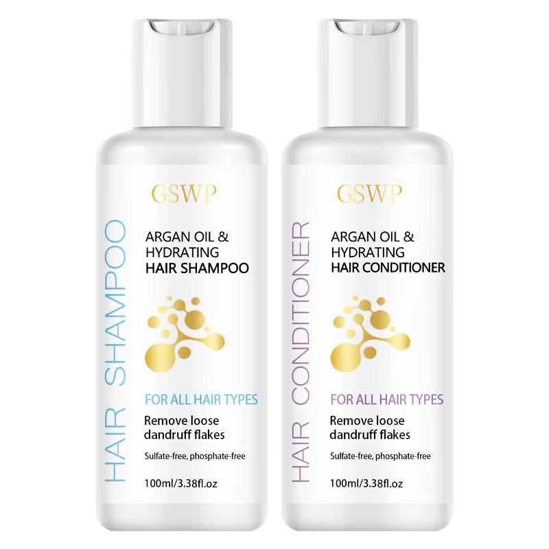 Ensemble shampoing et après-shampoing hydratant à l'huile d'argan GSWP. Hydratation intense, mousse