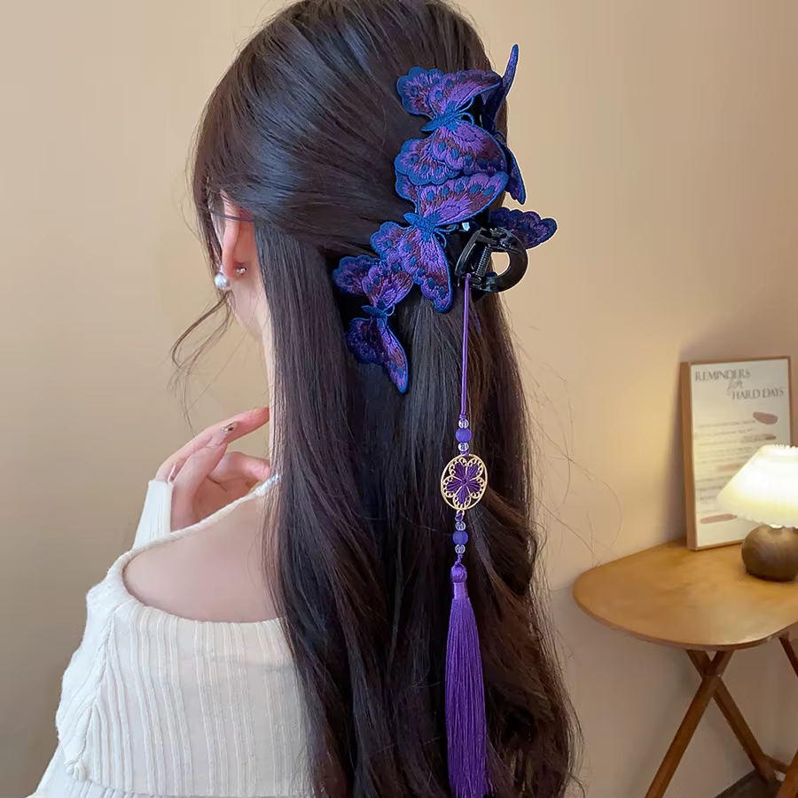 Pinces à cheveux papillon tricotées de Style chinois pour femmes, longues fleurs violettes, pompon r