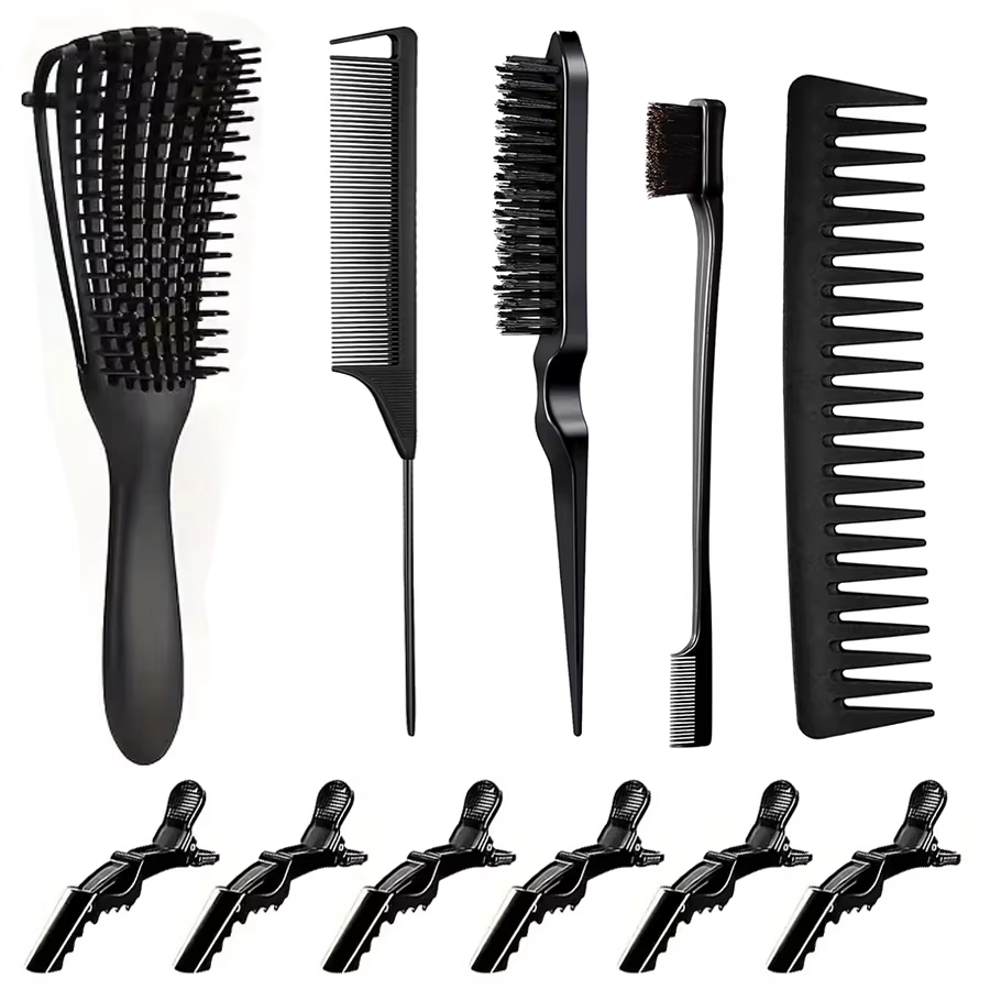 Kit de coiffure 11 pièces pour femmes : peigne à dents larges, brosse démêlante et à brosser les bor
