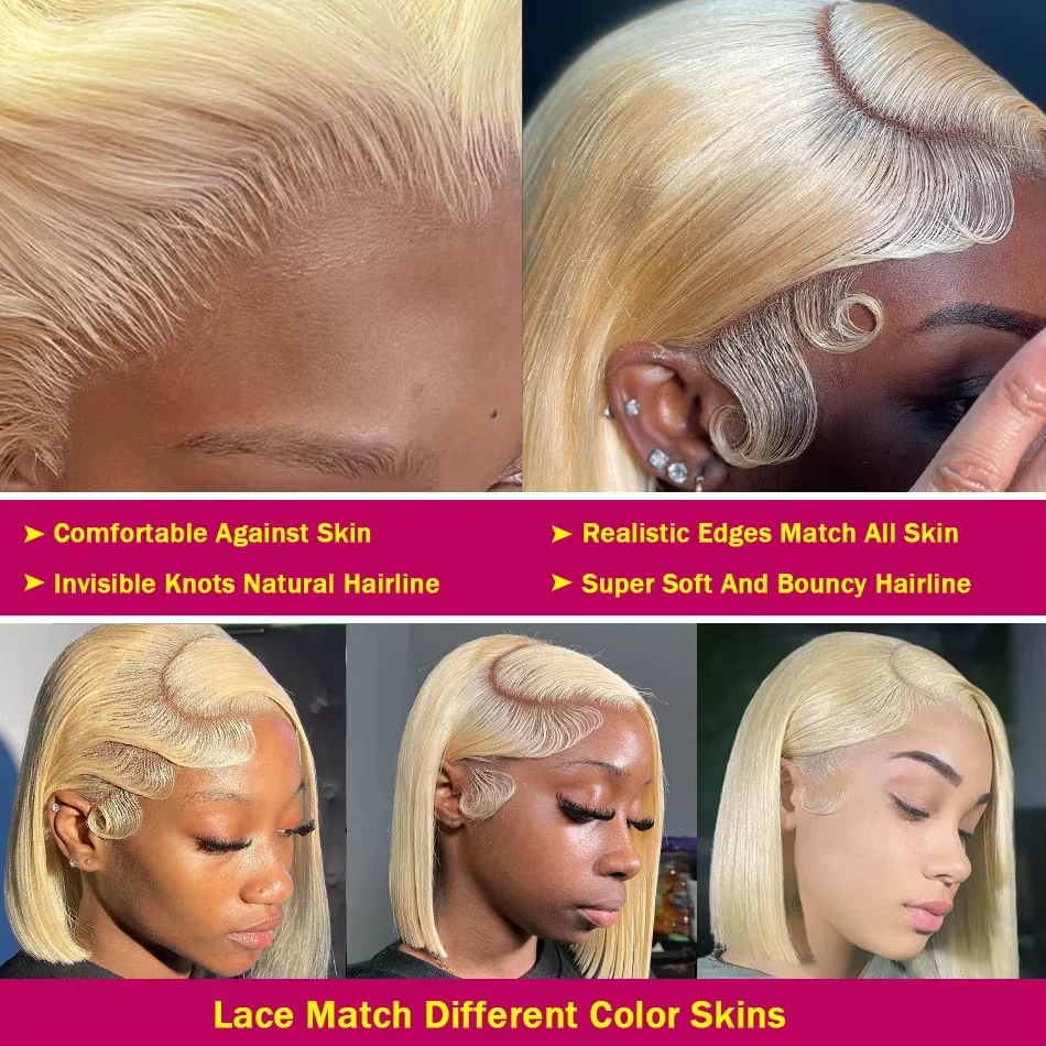 Perruque Bob Lace Frontal Wig naturelle naturelle, cheveux courts et lisses, couleur Blonde 613, 13x