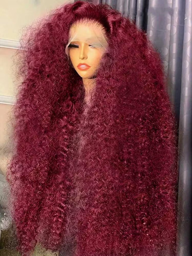 250% 13x4 HD Transparent vague profonde frontale perruque couleur 99j bordeaux profond bouclés dente