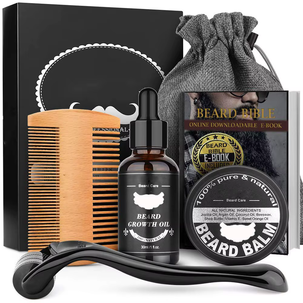 Ensemble complet de soins de barbe pour hommes, peigne à barbe, baume, peigne Double face avec roule