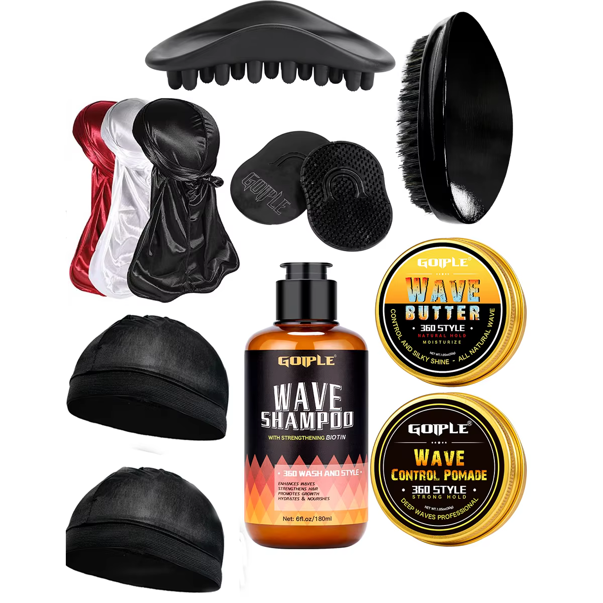 Kit de coiffage GOIPLE 360 Wave : Shampooing, Pommade de contrôle, Beurre coiffant, Durags, Brosses