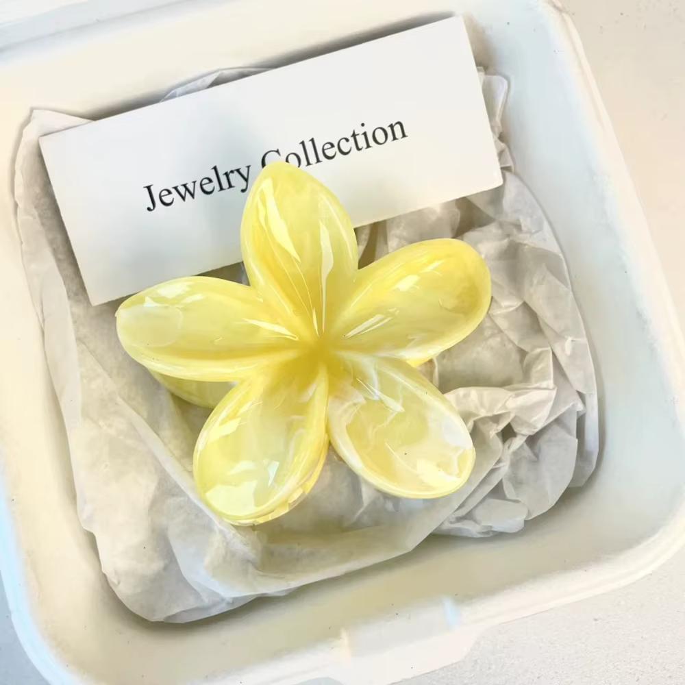 Pince à cheveux jaune motif fleur d'œuf, transparente, pour queue de cheval haute, pince requin, pin