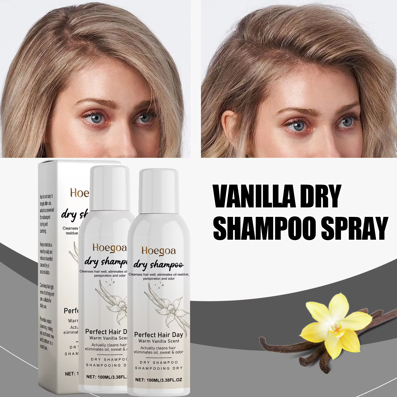 Shampoing sec parfumé à la vanille, Spray absorbant l'huile, volumateur, rafraîchit les cheveux, net
