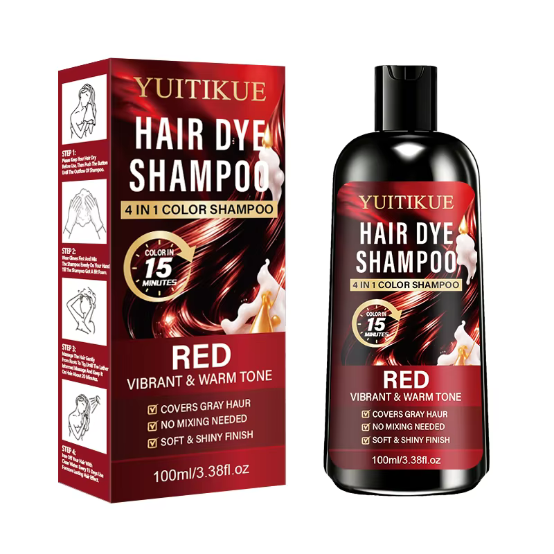 YUITIKUE Shampooing colorant rouge 4-en-1, couleur de cheveux chaude longue durée, shampooing colora