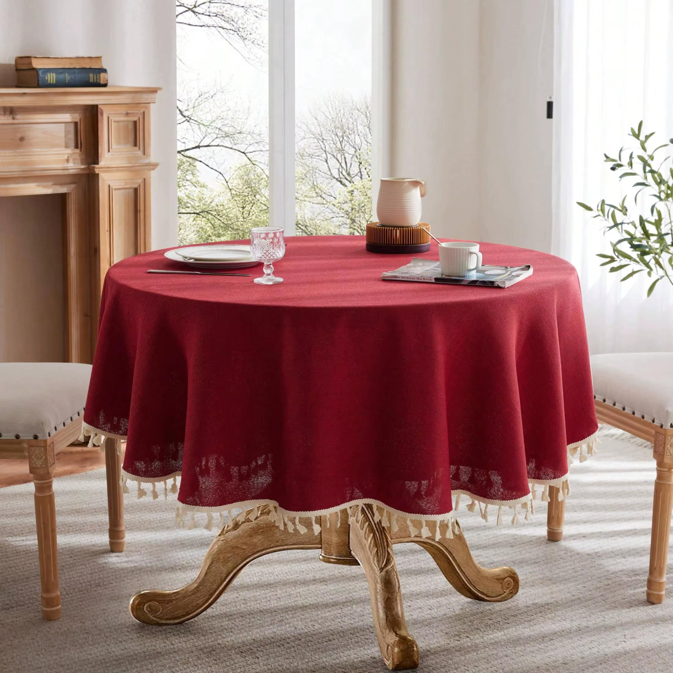 Nappe ronde en lin avec dentelle à pompons, imperméable, résistante à l'huile et aux taches, idéale 