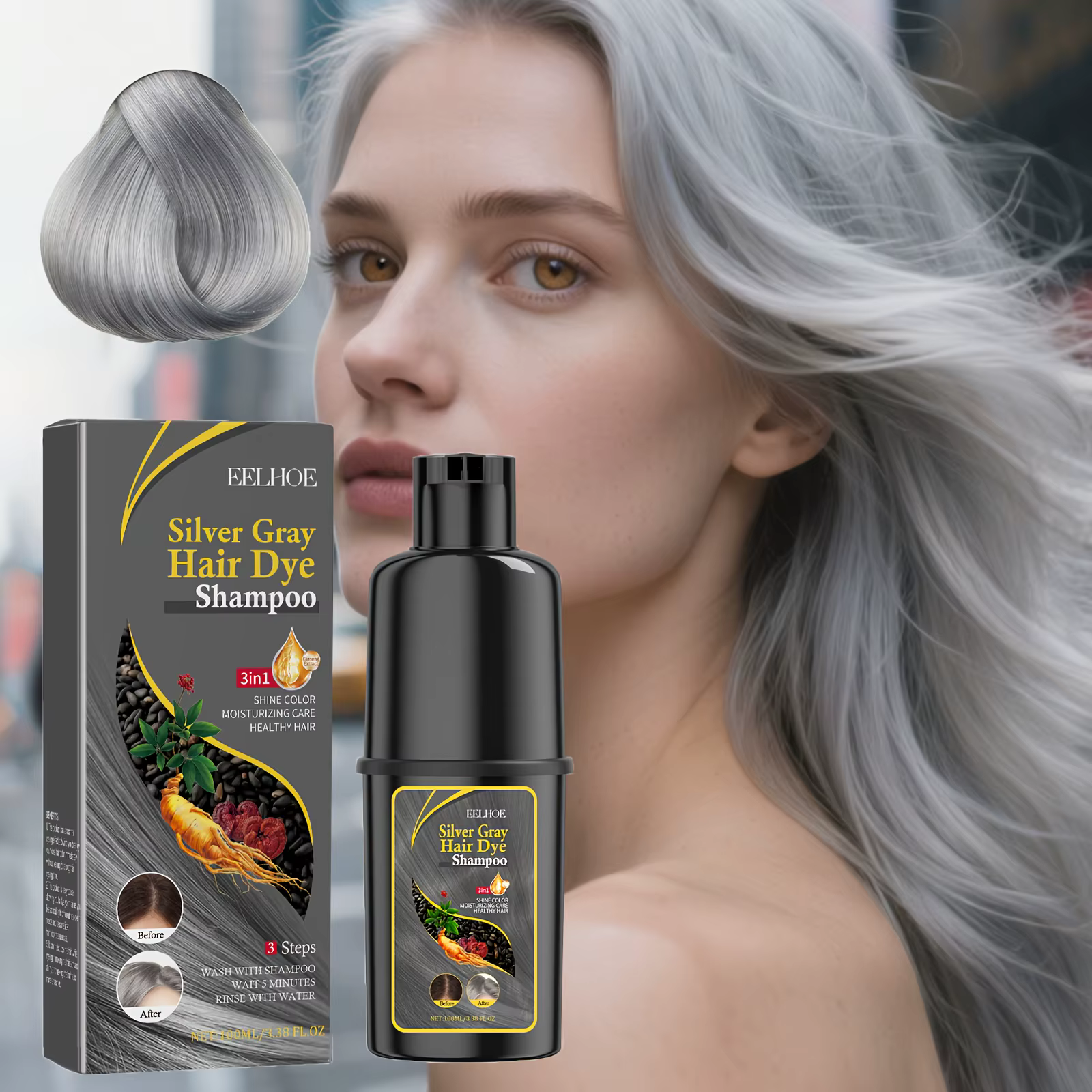 Shampoing de teinture pour cheveux gris argenté, couleur naturelle, coloration rapide, tonifiant lon