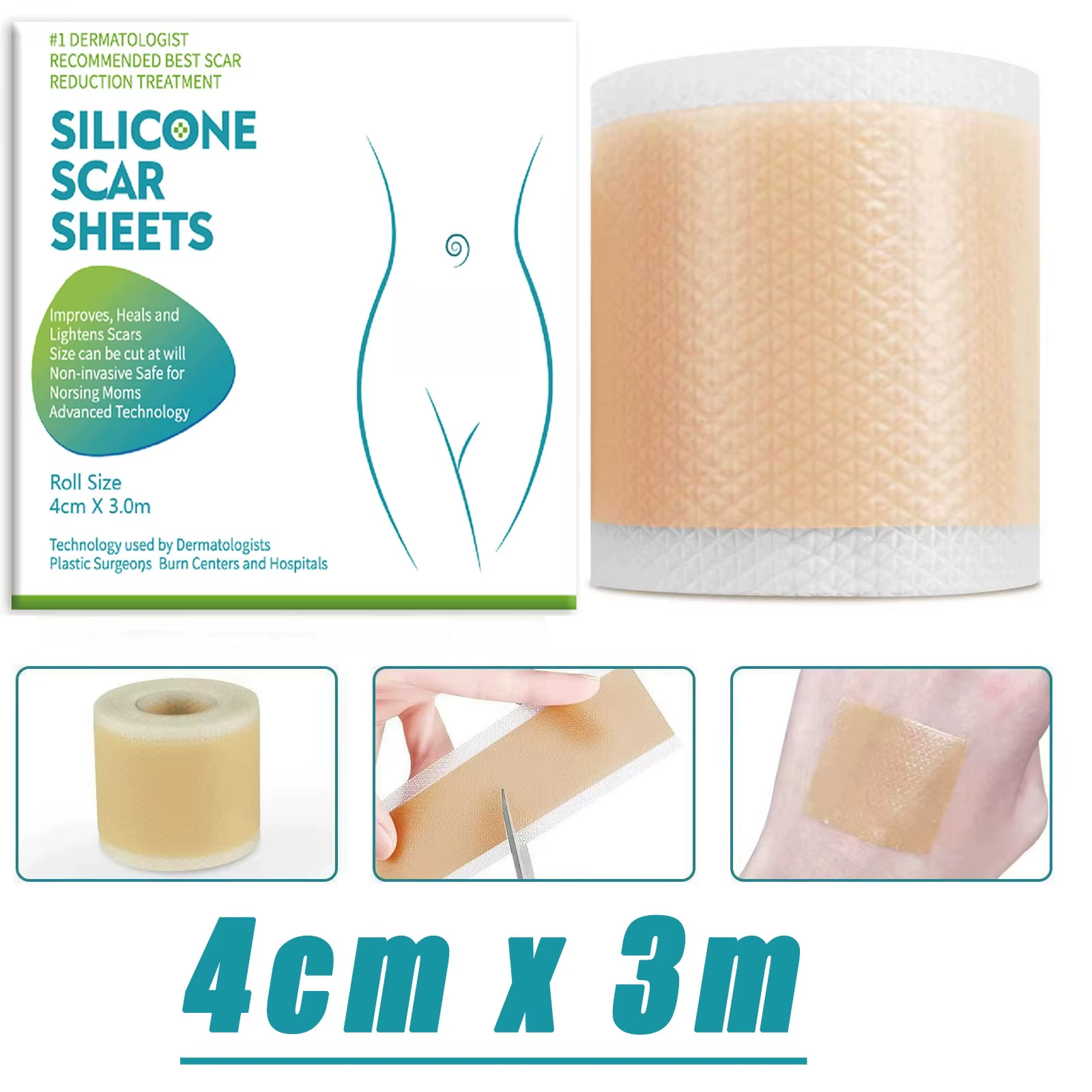 Bandes de silicone auto-adhésives 4CM X 3M pour cicatrices, ruban anti-vergetures, patchs de couvert