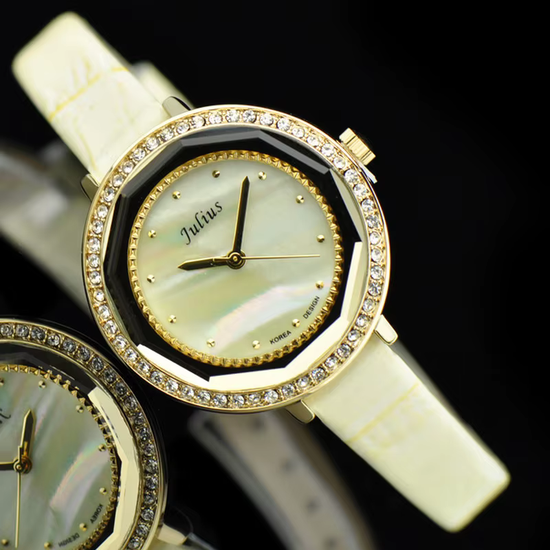 Montre à quartz en nacre pour femme, Julius Lady, bracelet en cuir véritable, mode japonaise, heures