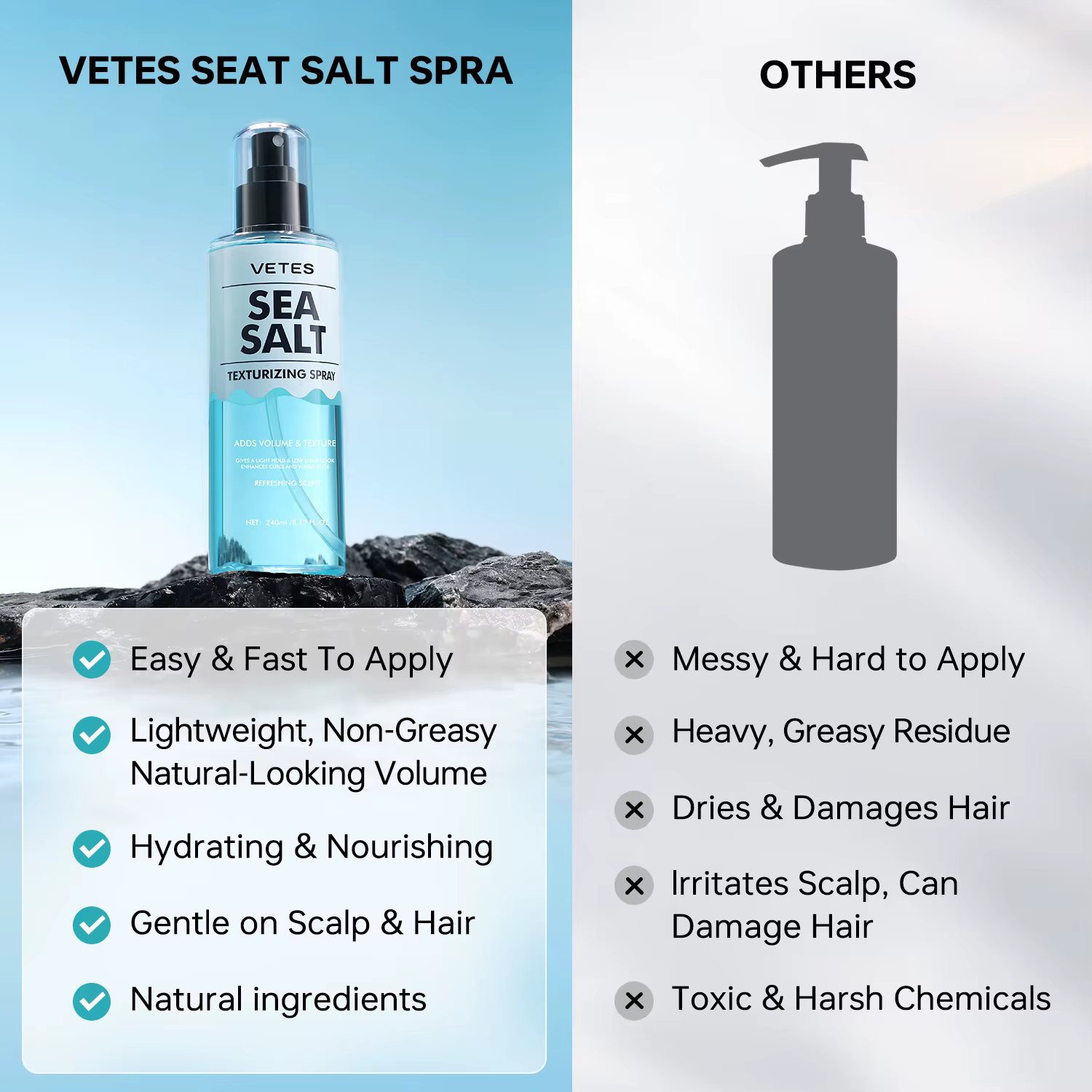 VETES Spray Cheveux Secs 240ml – Spray Texturisant Instantané Effet Volume et Épaisseur au Sel Marin
