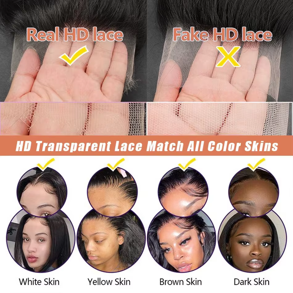 Perruque de cheveux humains lisses de 40-50 pouces, avec dentelle frontale HD 13x6, densité 250, Rem