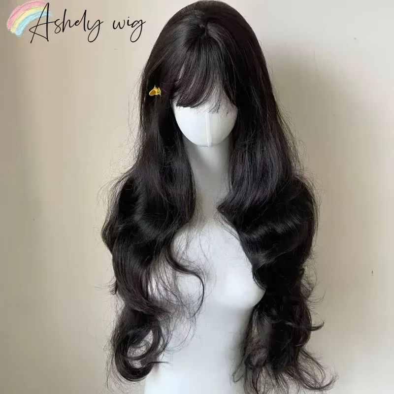 Lolita Black Wig for Women, Long Wavy Hair, Curly Wig with Bangs, Cosplay Sauna Band, Synthetic Wigs