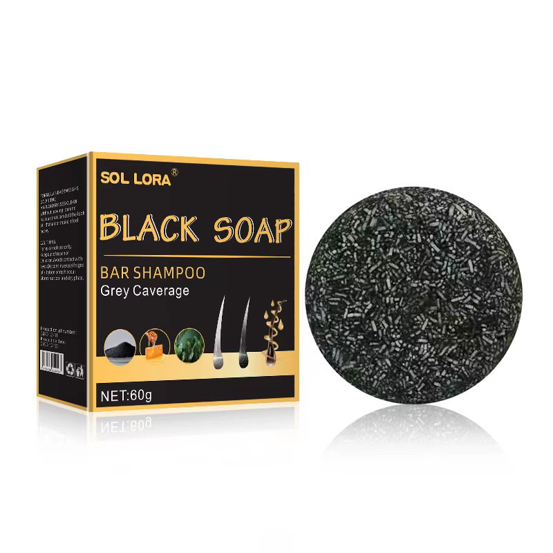 Shampoing pour cheveux, savon noir réparateur, couleur grise et blanche, renforce les racines des ch